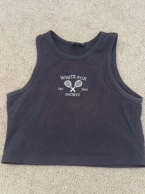 White Fox Boutique Navy Ribbed Cropped Tank with Tennis Graphic